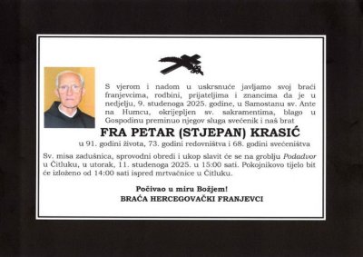 SPROVODNI OBREDI FRA PETRA KRASIĆA U UTORAK U ČITLUKU